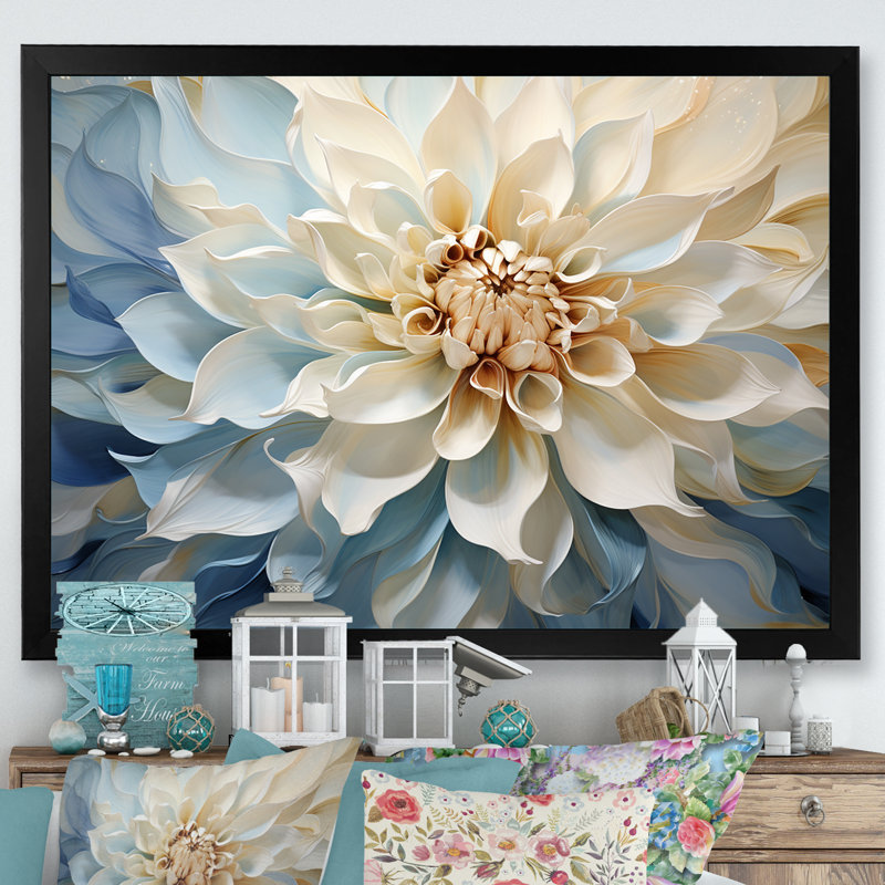 Blanc et bleu fleur de dahlia minimalisme - art mural dahlia, H 24 po x l 32 po x P 1 po, Cadre noir