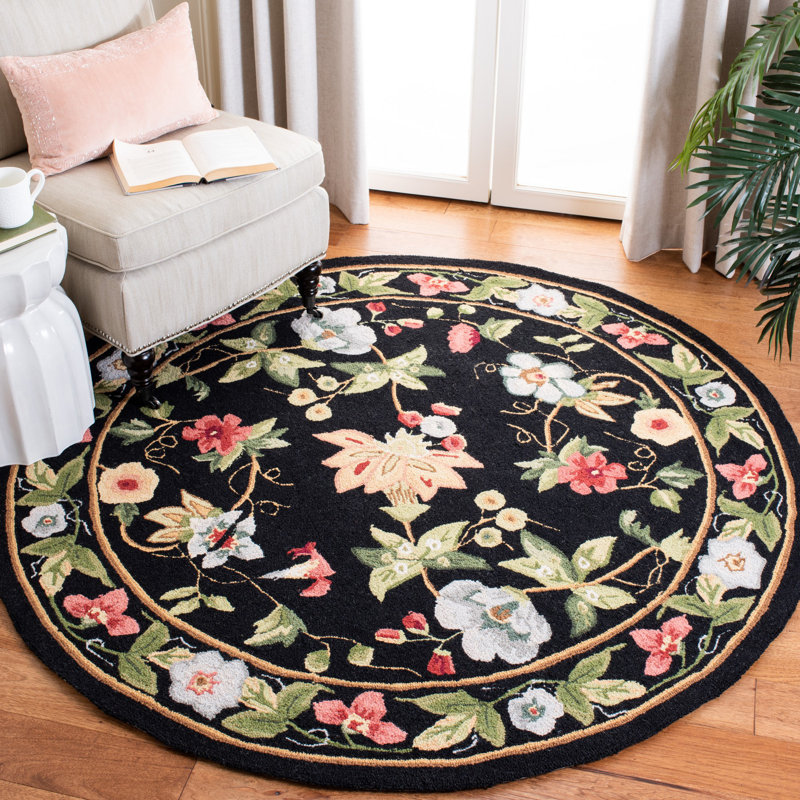Tapis noir en laine bouclé / crocheté à la main Hollander, Rond 4 pi