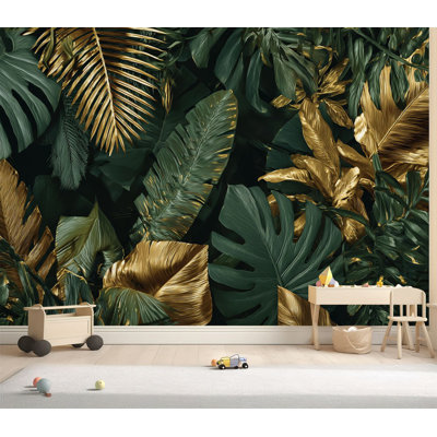 Wall Mural Peel and Stick Wallpaper Creative nature Gold green tropical palm leaves Self-Adhesive Removable Contact Paper Wall Decor for Living Room Bedroom 69"H x 96"W