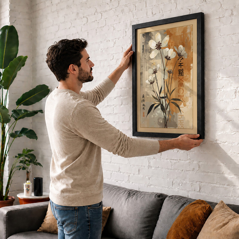Moonlit Flowers Japandi - Framed Print, Walnut, A4 - 29.7 x 21.0 cm