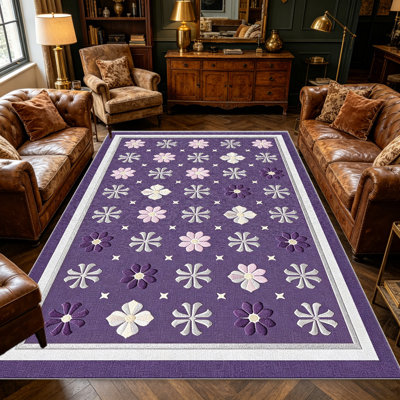 Tapis lilas à motif floral rose pour le salon, doux et confortable, convient à toutes les saisons, facile à entretenir, tapis de sol intérieur lavable à la machine, sous la table de ferme convenant à la chambre à coucher, à la salle à manger, au bureau, au patio, au balcon, à la maison