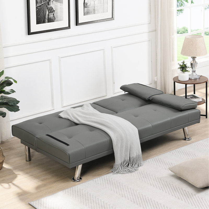 Multifunctional Grey Armrest Bed, Space Saving Solution Leather Stainless Leg, 28.48 In. Tall, Gray
