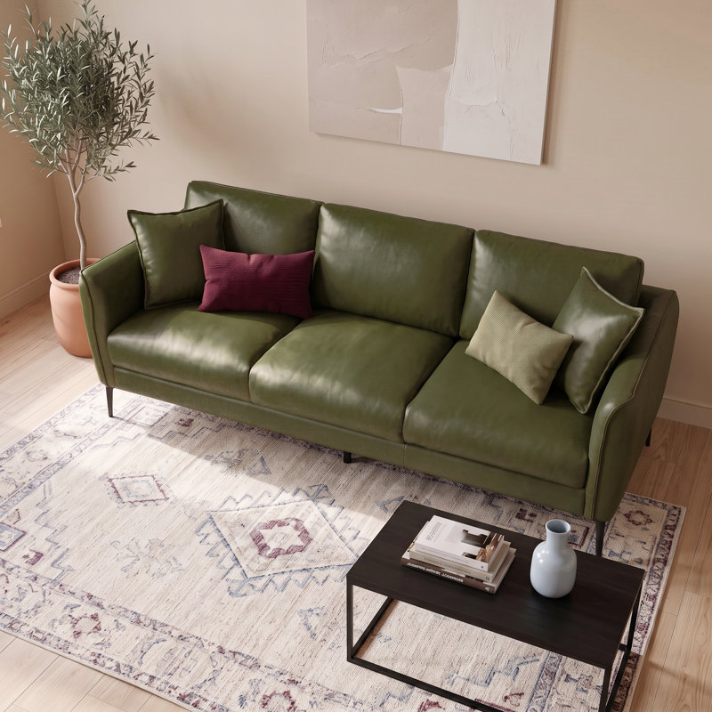 Canapé en cuir Vermont de style moderne du milieu du siècle avec accoudoirs incurvés et coussins décoratifs, Vert