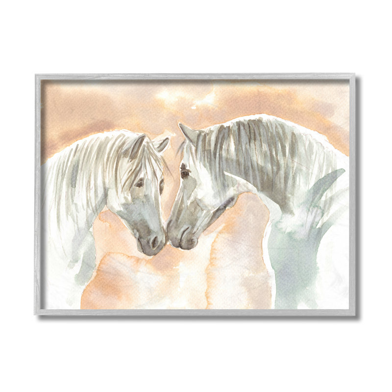 Chevaux blancs qui touchent le nez Orange / blanc / brun clair, Cadre gris, H 11 po x l 14 po