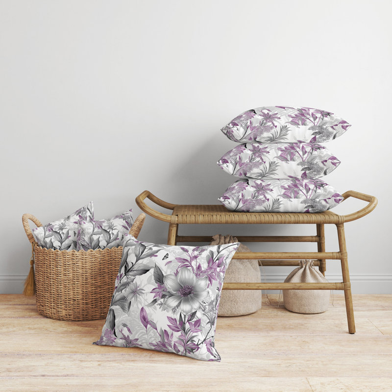 Pink and Gray Floral Broadcloth Square Throw Pillow