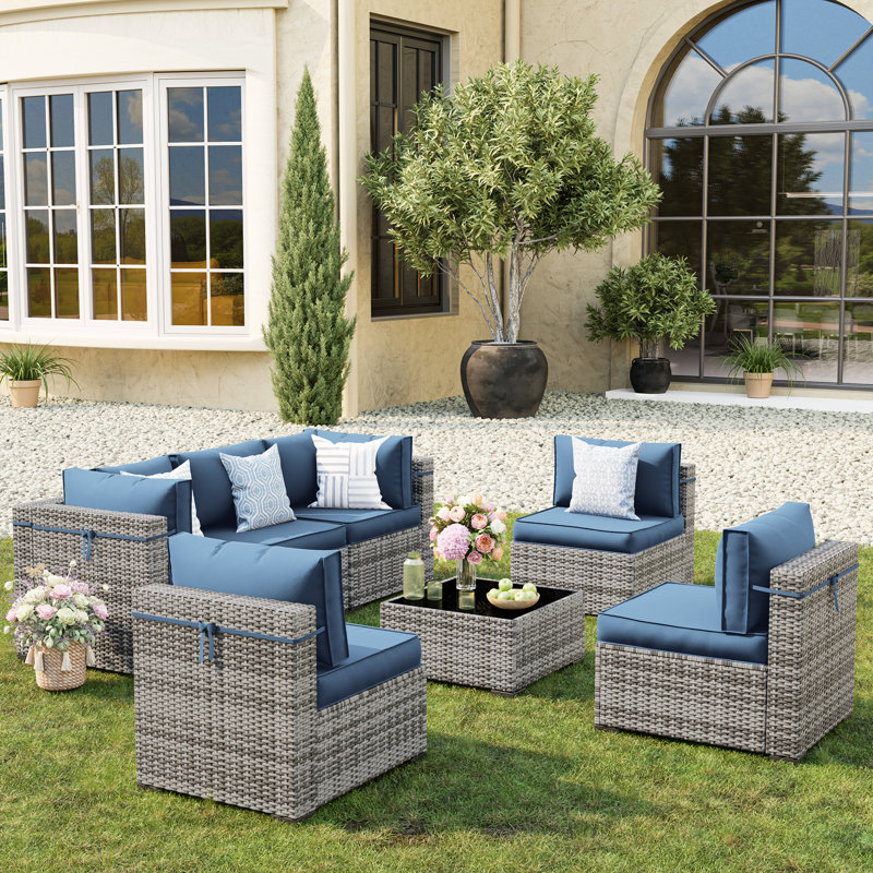 Cawanna 7 Piece Outdoor Rattan Seating Group with Cushions, Non, Bleu marine