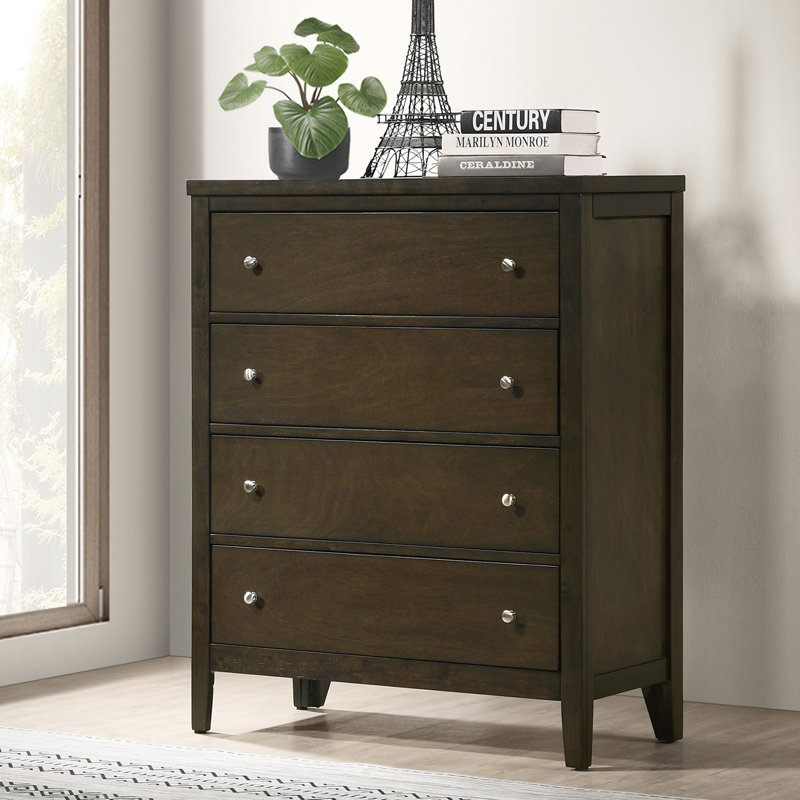 Commode 4 tiroirs en bois avec quincaillerie en nickel brossé cacao foncé