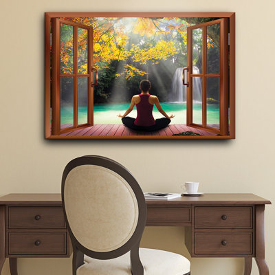 Wi Nature Scene " Modern Copper Window Looking Out Into A Woman Meditating By A Lake With A Waterfall "