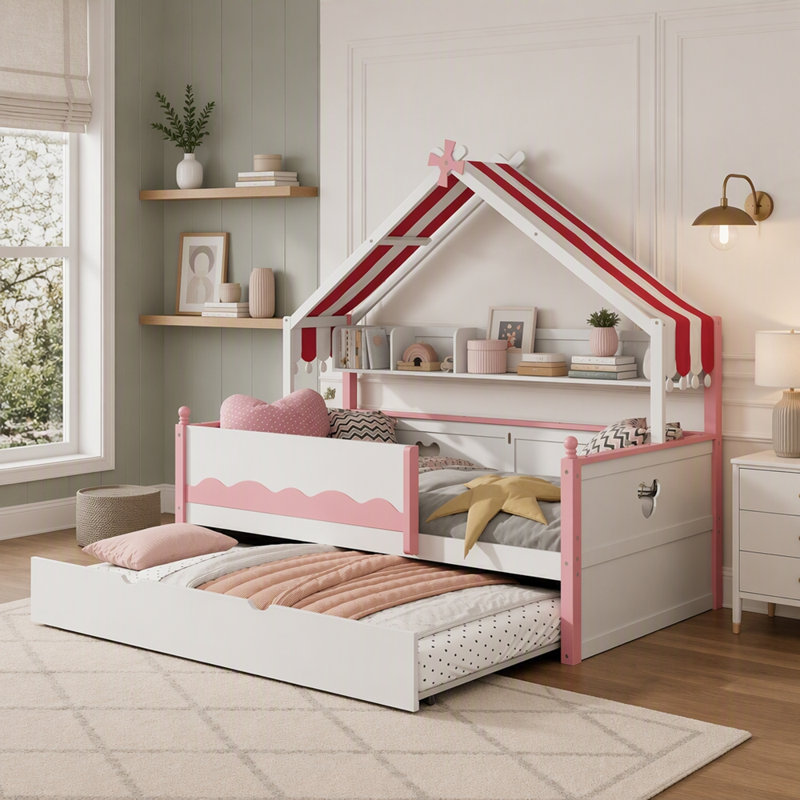 Lit de jour en bois en forme de maison avec bibliothèque intégrée, Lit simple, Rose blanc