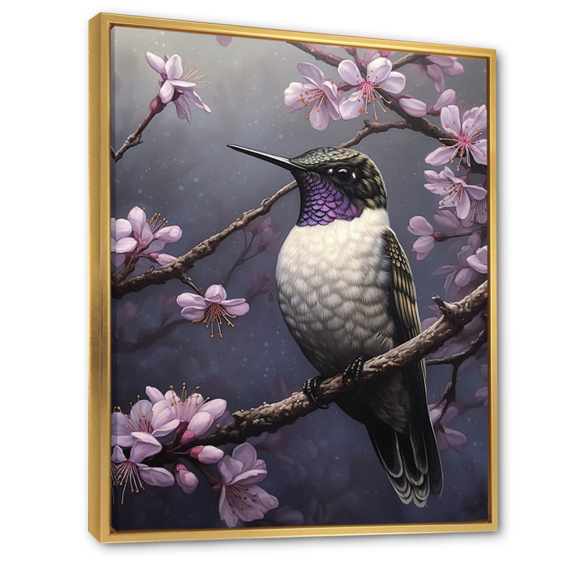 Oiseau mauve sur une branche d'arbre sur toile, H 20 po x l 12 po x P 1 po, Cadre flottant doré
