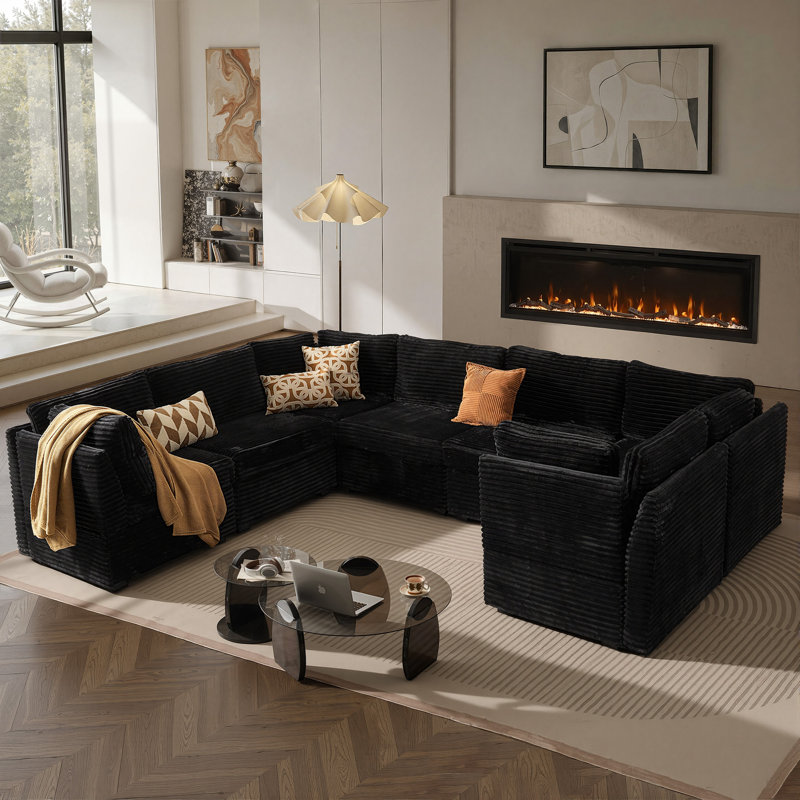 Canapé modulaire en velours côtelé 7 pièces Nathasa, Velours côtelé noir