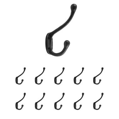 Black Wrought Iron Robe and Coat Double Hooks 5 L Entry Way Hanger Wall Mount (Set of 12) Renovators Supply