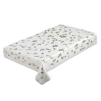 Lisbon Silver Floral Metallic Pattern, Polyester, Heavyweight, Silver Metalic Shine, Engineered Luxurious Damask Upscale Jacquard, Solid Border, White , Seats 6 to 8 people, Rectangular Tablecloths