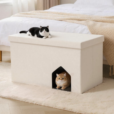 Storage End of Bed Bench for Bedroom, Entryway Folding Seating Ottoman with Cat Cave, Footrest with Storage, Coffee Table for Living Room, Cat Litter Box Furniture