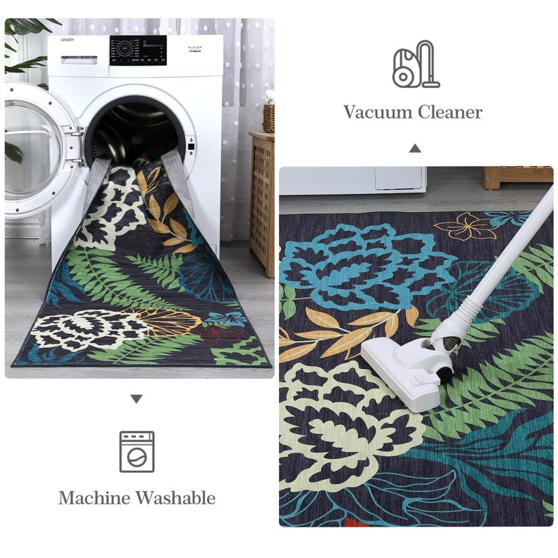 Tapis lavable à motif floral moderne, Rectangle 8 pi x 10 pi