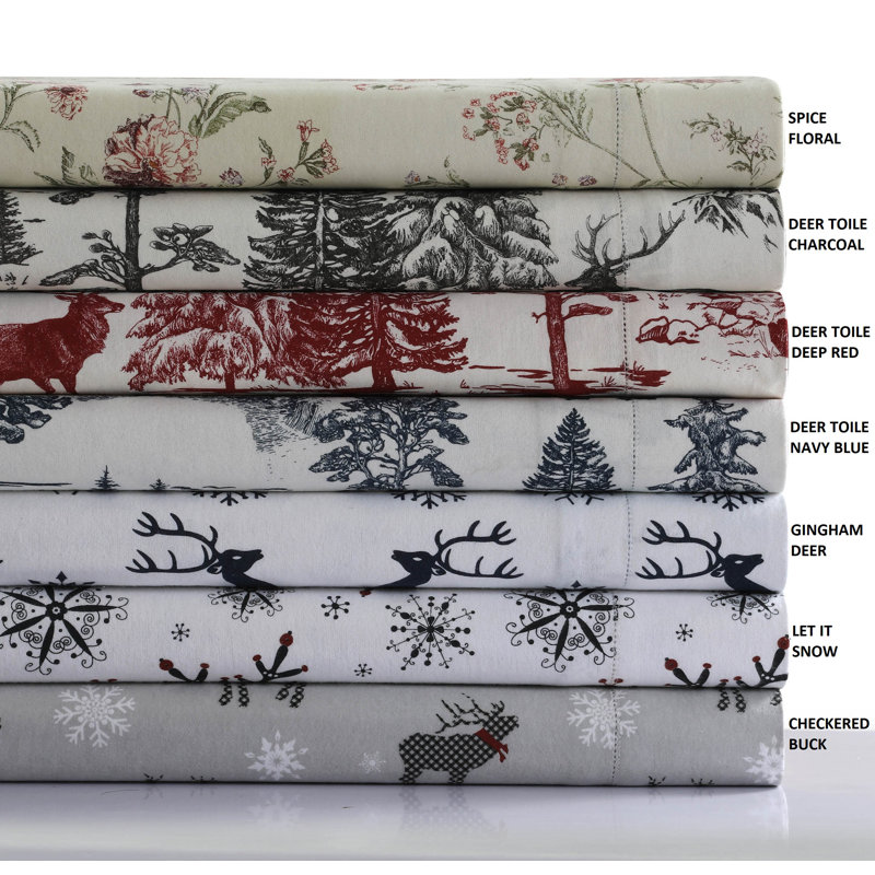 Deer Toile Navy Cotton Flannel Queen Sheet Set