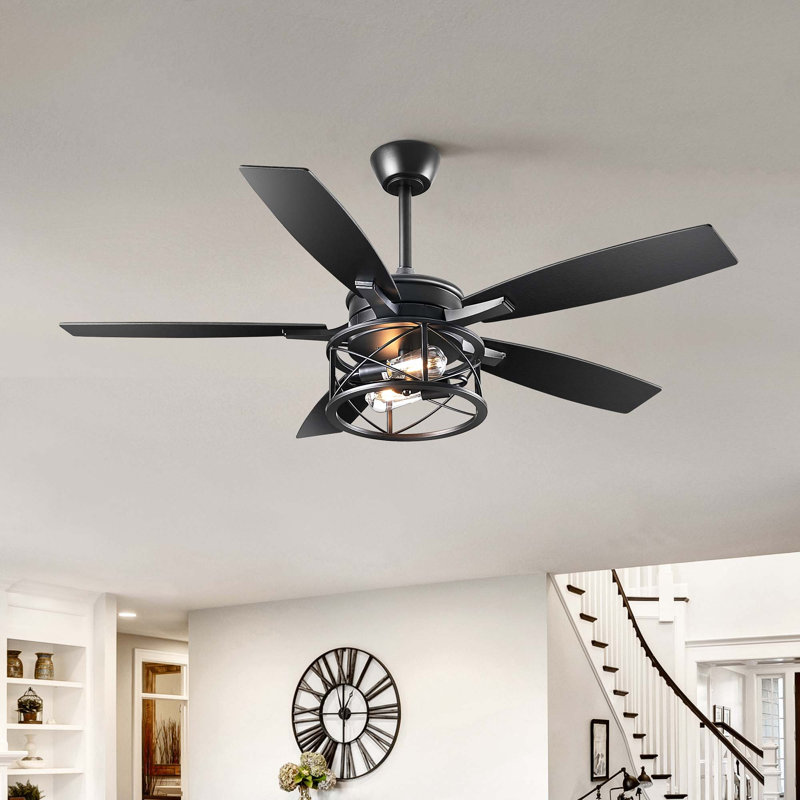 Rasco 52'' 5 wooden blades Ceiling Fan with Light Kit and Remote Control Included, Black/Gray Wood