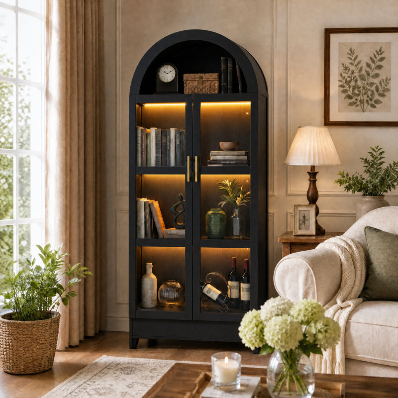 Vitrine de rangement arquée 71 "avec portes en verre, vitrine à 3 niveaux pour objets de collection, Noir