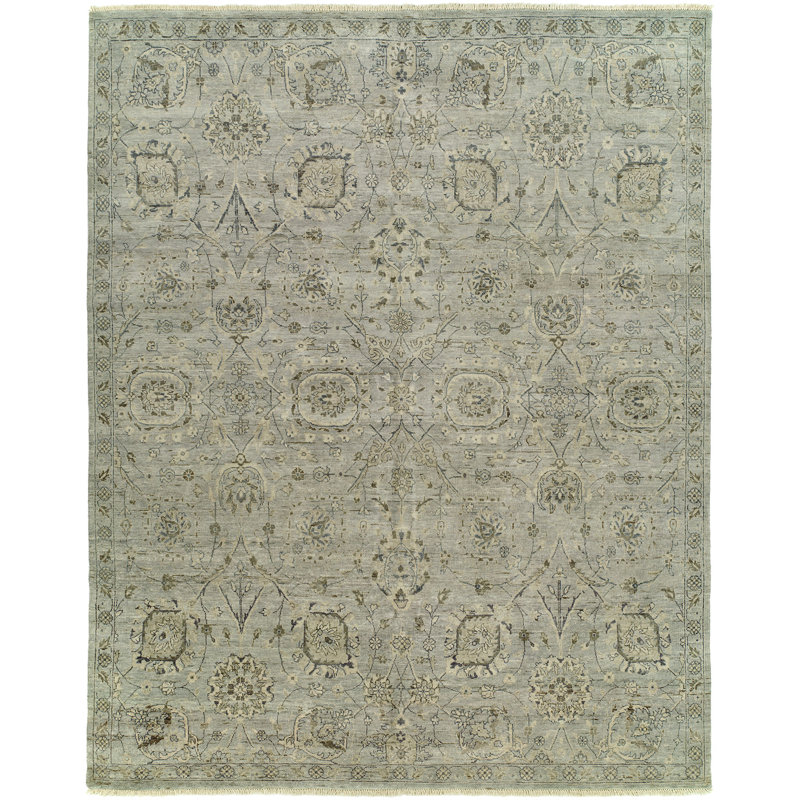 Wool Floral Area Rug in Gray, Rectangle 4' x 6'