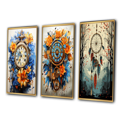 «Boho Time Orange Flowers And Blue Feathers», 3 pièces sur toile