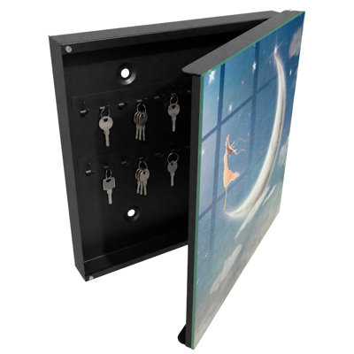 Key storage box, Opens to the left, 30x30x5, Black, A subtle night scene with a figure on the moon, 