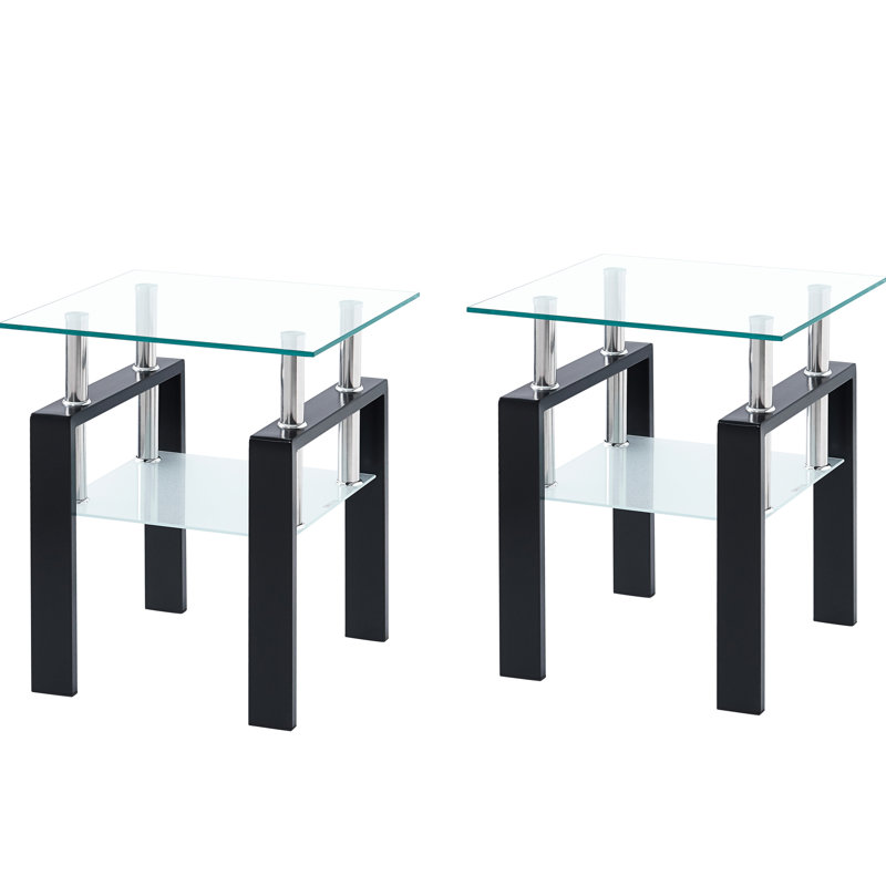 Table de bout en verre trempé transparent, 2. table d'appoint de salon. Conception carrée élégante. Plateau de 8 mm, tablette de 5 mm. 17,89 po X 20,12 po 20,75 lb Table de processus d'assemblage simple, forme de base. Rapide et facile