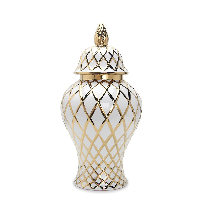 Vase en céramique Fortunna, H 20,5 po x l 10,5 po x P 10,5 po, Blanc / Doré