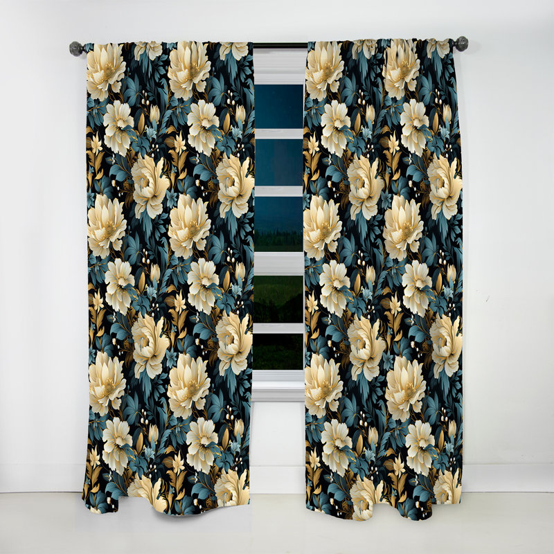 Beige And Blue Damask Fusion - Bohemian Velvet Curtain - Room Darkening - 1 Panel, 52" W x 84" L