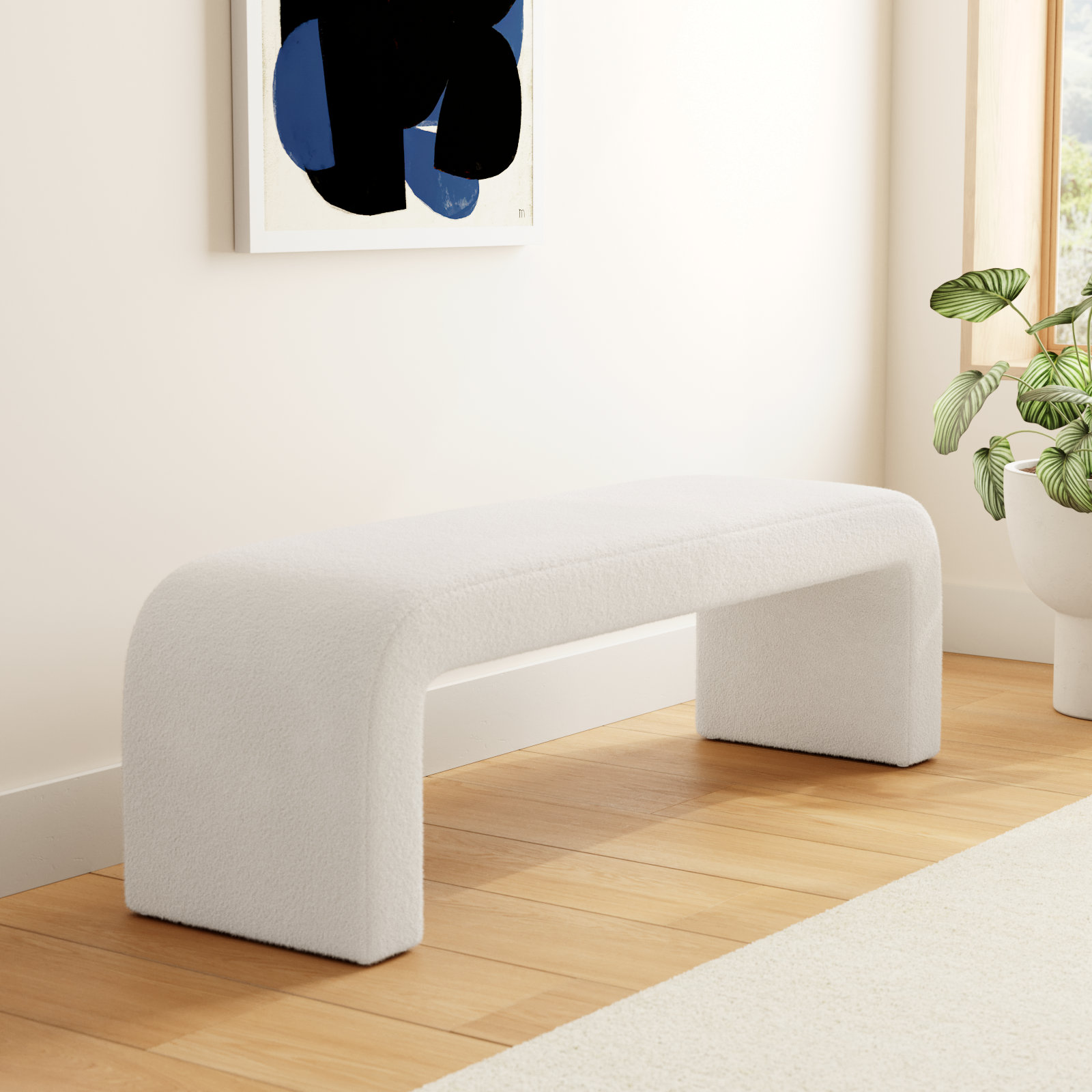 Daine 62" Linen Bedroom Bench, White Faux Lambs Wool