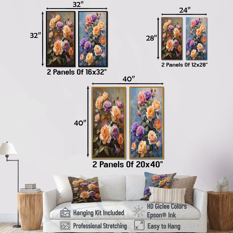 Ensemble de 2 pièces d'art oranges et mauves, Regal Beauty I - Roses, H 28 po x l 24 po, Impression encadrée, Blanc