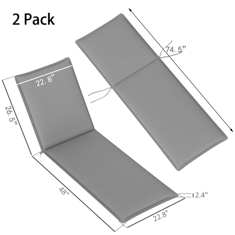 Ensemble de 2 coussins de chaise d'extérieur pliables gris 76 po avec tissu en polyester résistant à l'eau et attaches antidérapantes pour jardin, bord de piscine, porche