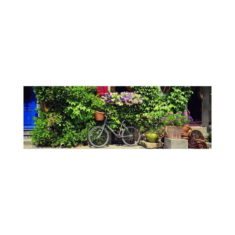 Bicycle Against A Wall Covered With Plants And Flowers, Rochefort-En-Terre, Brittany, France - Wrapped Canvas Panoramic Print