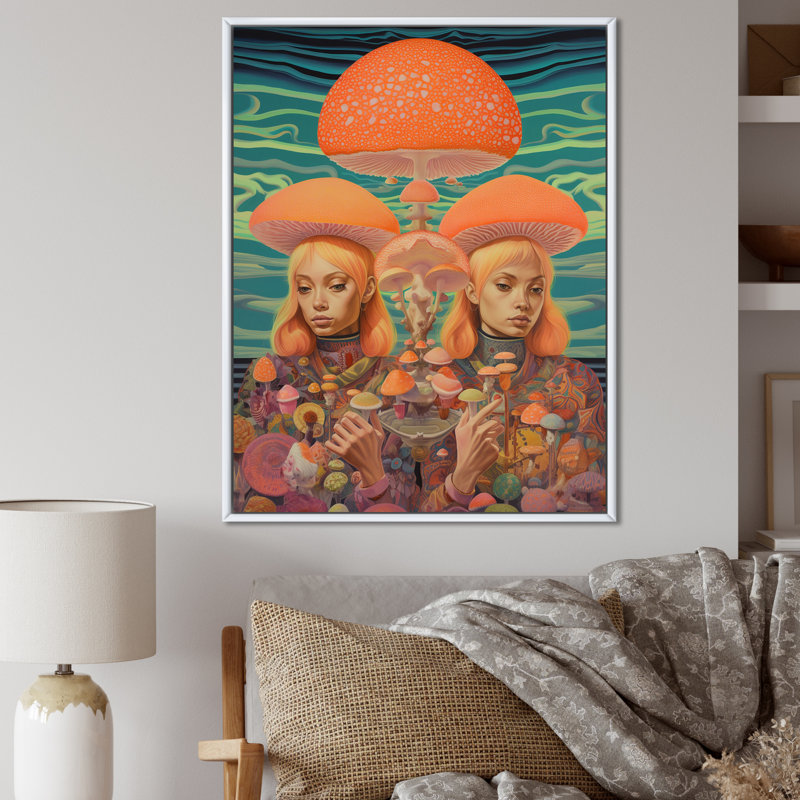 Femme champignon aux couleurs rétro délavées I, H 20 po x l 12 po x P 1 po, Cadre flottant blanc