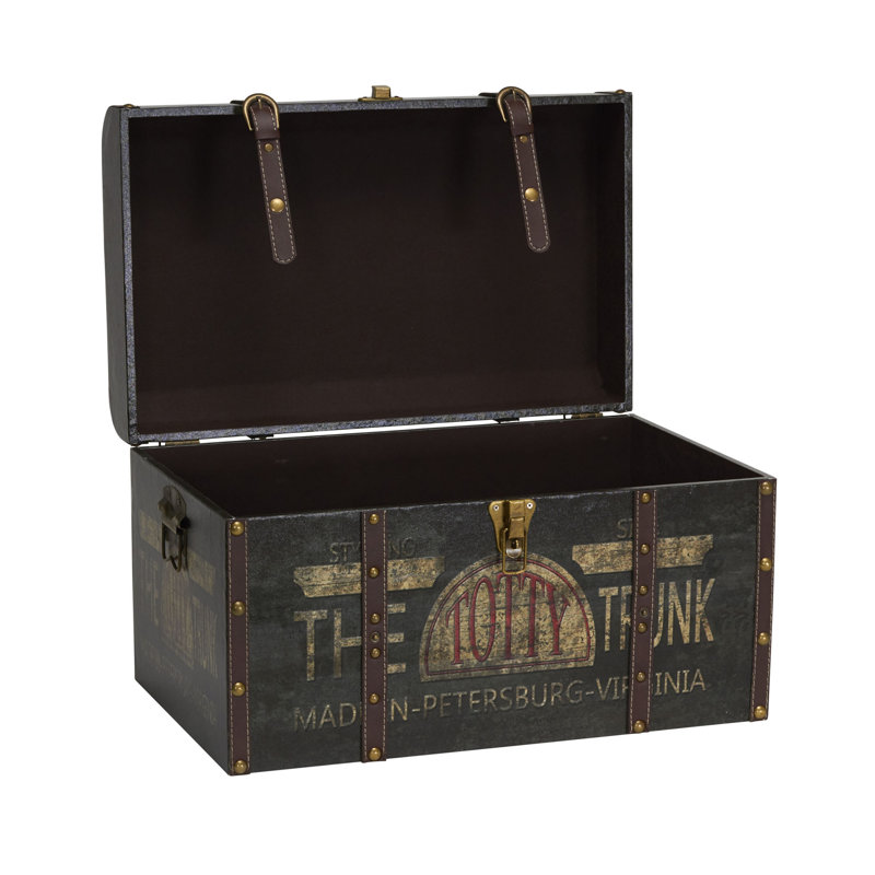 Helina Large Decorative Trunk, Vintage Decoupage, Metal Accents with Leather Strapping, Strong MDF Frame, Clasps Shut, Green and Black