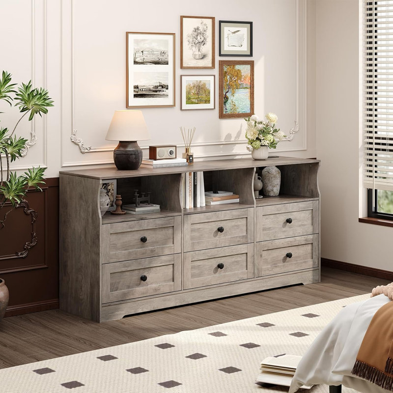 6 Drawer Dresser for Bedroom with Power Outlets & LED Light, Slim Wooden Chest of Drawers with Open Shelf, Space Saving Skinny Dresser for Nursery, Apartment, Closet Organization