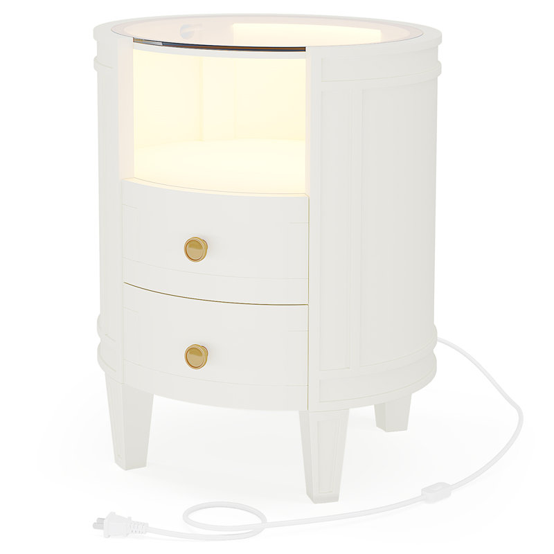 Table de chevet 2 tiroirs avec lumière DEL, table d'appoint moderne avec plateau en verre