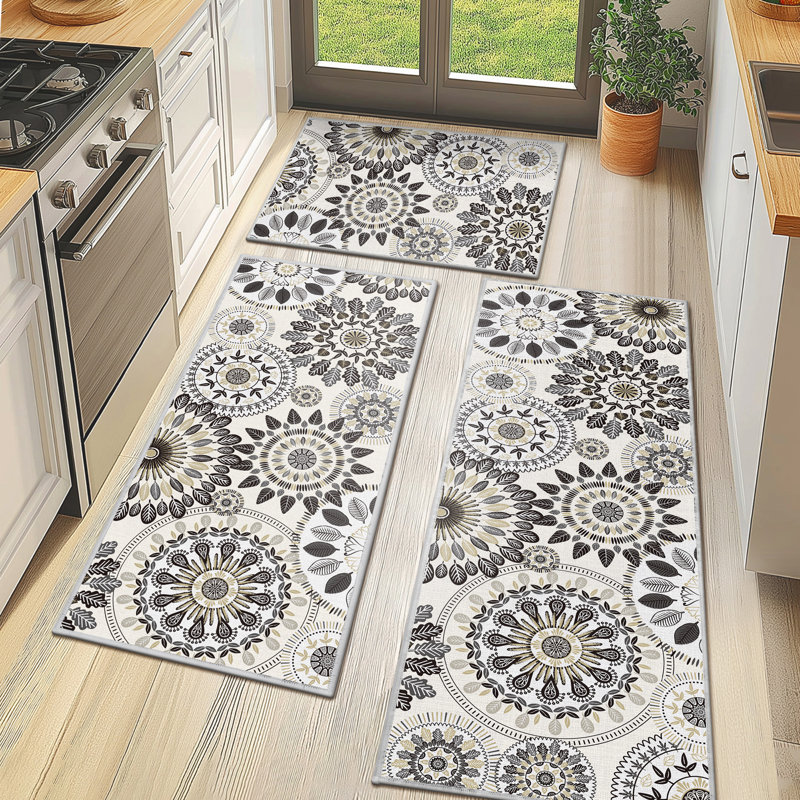 Tapis de cuisine antidérapant 3 pièces Mcnish, Beige / noir / bleu