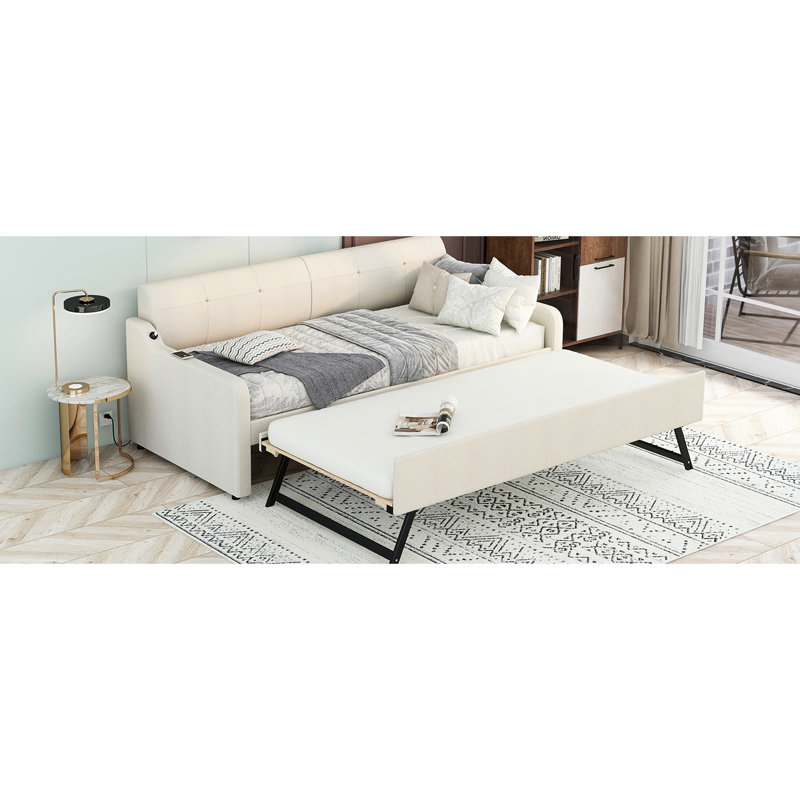 Beige Twin Daybed With Collapsible Trundle And Socket Charging Function - Elegant