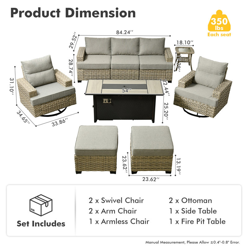 7- Person Rattan Outdoor Seating Group With Swivel Rockers and Fire Pit Table, Dark Gray