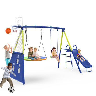 SENCHO GINSYTALIOR Metal Swing Set with Glide, Frisbee, Basketball Rim, Football Net Hole and Warranty