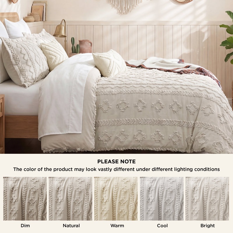 Bedsure Queen Tufted Boho Comforter Set - Beige Geometric Design, Farmhouse Embroidery, Soft 5-Piece Bedding Set, All Season