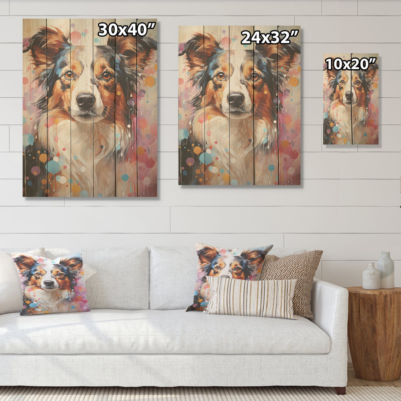Portrait de collie ludique - Art mural en bois de chien sur bois de pin naturel, H 32 po x l 24 po