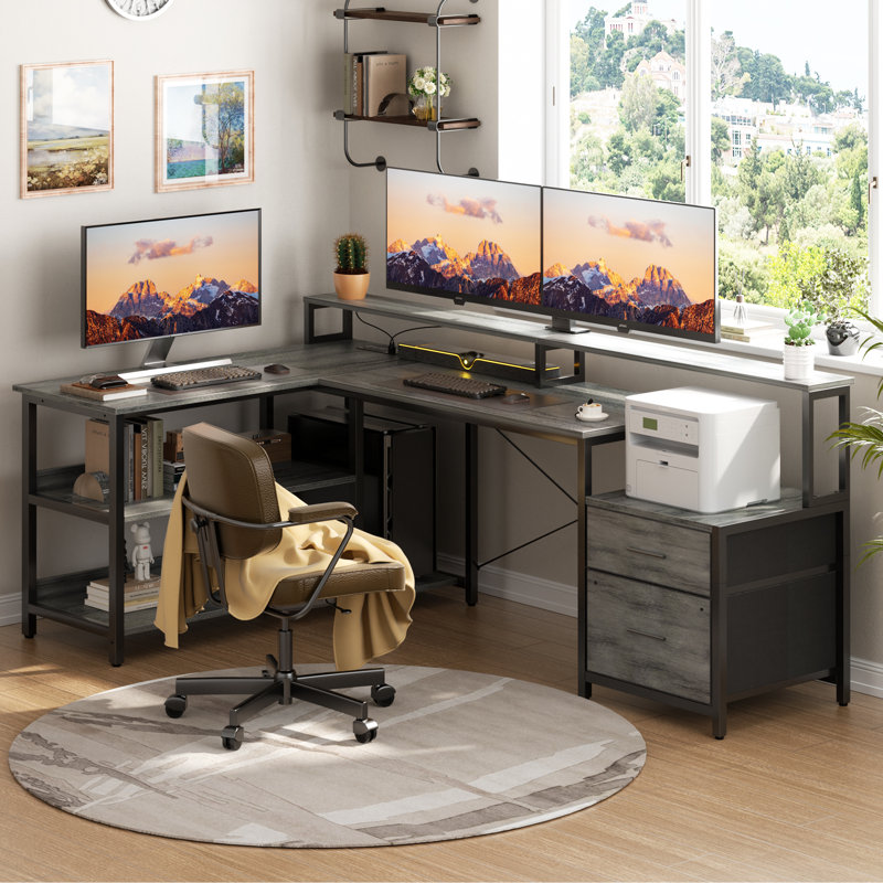 Bureau d'écriture en L Kaedence, bureau de jeu à DEL, bureau avec prises de courant, H 30 po x l 67 po x P 11 po