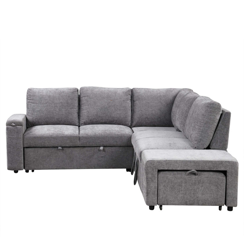 L-shaped Padded Sectional Modular Sofa with Storage Space, USB Ports, and Cup Holders on the Armrests, Blue