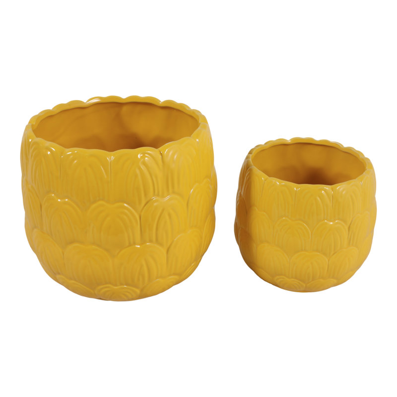 Ensemble de pots à fleurs texturés en céramique pour l'extérieur, Yellow