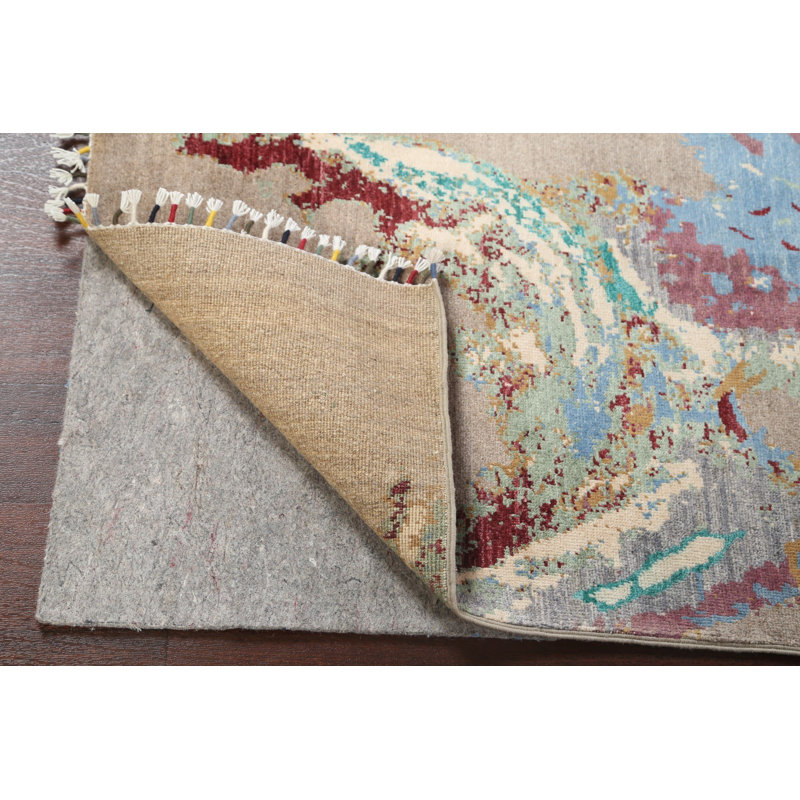 Tapis beige en laine noué à la main de conception unique 2 pi 9 po x 4 pi 1 po