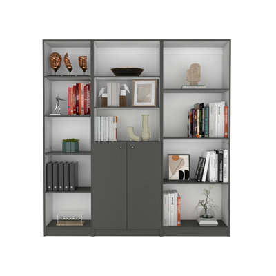 Ensemble de bibliothèque 3 pièces Poole, d'une largeur de 67 po avec 12 tablettes et une armoire à 2 portes, ensemble de salon gris mat / blanc