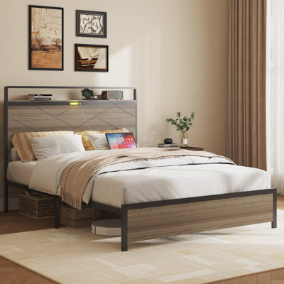 Wooden And Metal Bed Frame,Bed With Storage Headboard And Charging Station&LED Lights by 17 Stories