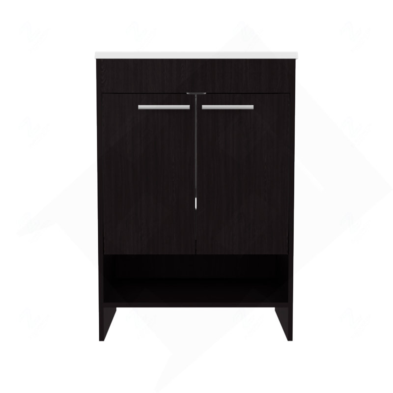 Meuble-lavabo avec quatre tiroirs et deux tablettes ouvertes, noir