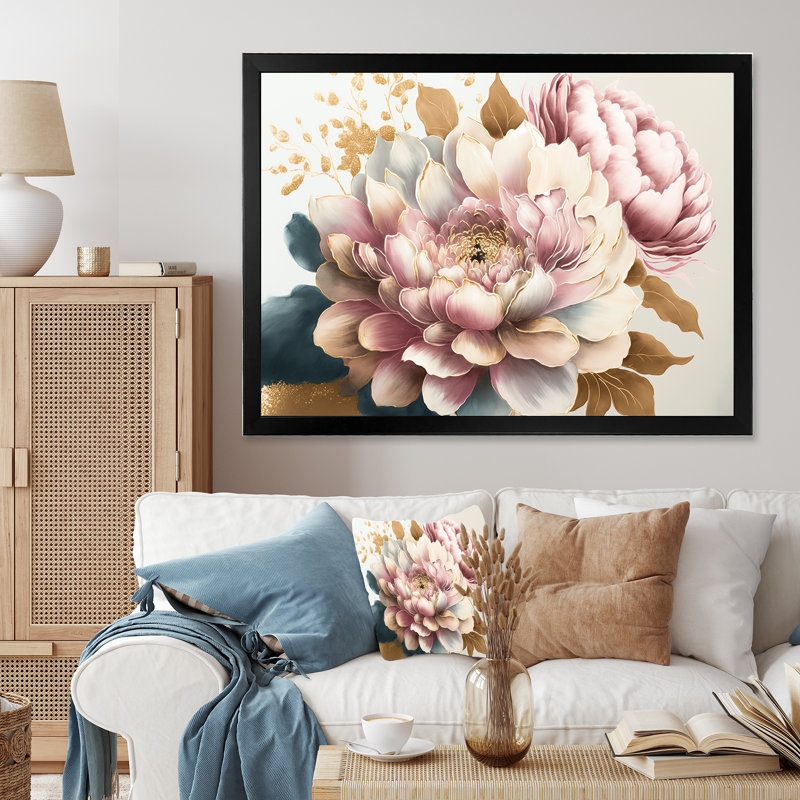 Rose et fleur de dahlia doré - Art mural sur toile floral et botanique, H 12 po x l 20 po x P 1 po, Cadre noir